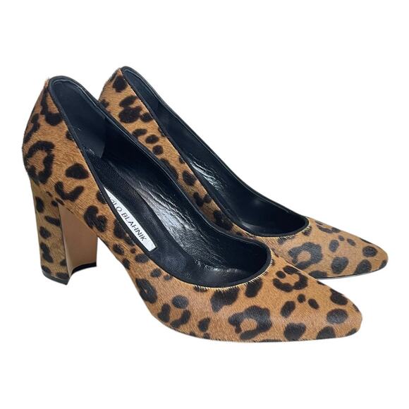 Manolo Blahnik Leopard Pony Hair Block Heel Pumps Size 38 - Picture 1 of 8
